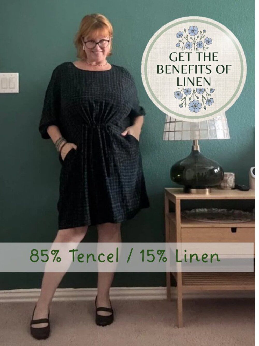 Poetry Tencel Linen Drawstring Tunic Dress Blue Black Geometric Plus Size 16/18
